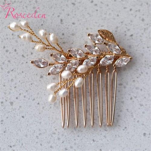 Handmade CZ Wedding Headpieces Women Girls Jewelry Hair Accessories Fresh Water Pearls Cubic Zirconia Bridal Hair Comb RE4376