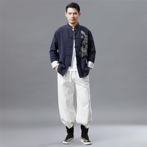 Embroidery Linen Men Sweatshirt Chinese Traditional Long Sleeve Loose Casual Martial Arts Kungfu Tai Chi Yoga Shirt Activeweear