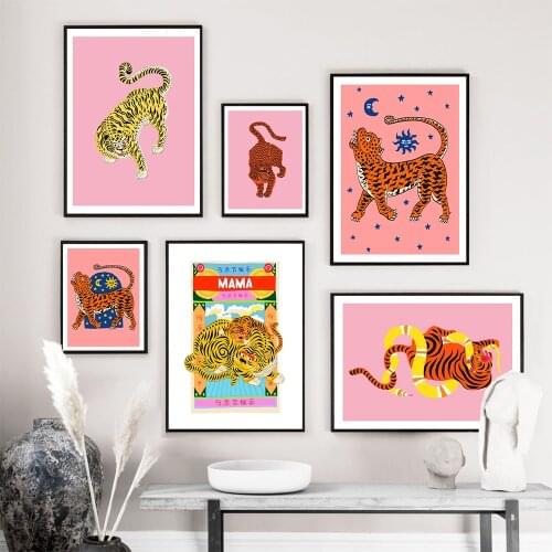 Tiger Mama Cartoon Animal Canvas Posters Nordic Pink Style Wild Tiger Snake Painting Wall Art Print Pictures For Kid Room Decor