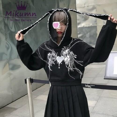 Harajuku Sweatshirts Gothic Grunge Mechanical Rabbit Ears Hooded Black Hoodie Women Autumn Punk Hoodies Fashion Streetwear