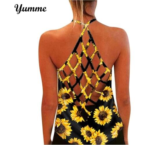 Backless Hollow Summer Tops Female Sunflower Print Sleeveless Tank Top Halter Summer Tops Loose Casual Tank Top For Women #BL3