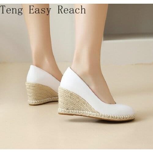Spring Autumn Office Career Round Toe Simple Plain Womens Shoes Handmade Platform Wedges High Heels Espadrilles Pumps