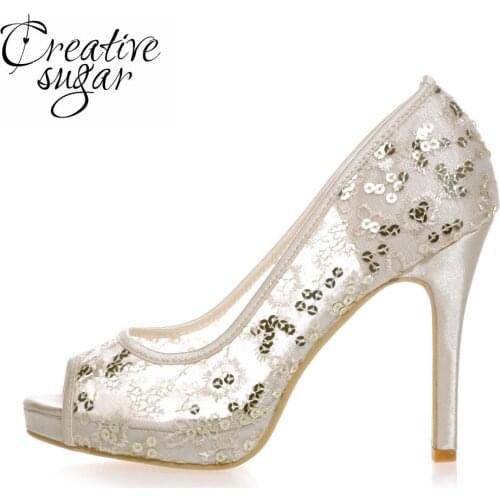 Creativesugar See through mesh sequins open toe woman pumps wedding party prom cocktail sky blue hotpink red gold dress shoes