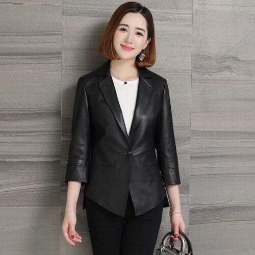 High Quality Soft Real Leather Garment Women Single Button Slim Sheepskin Blazer Coat with Long Sleeves Black Office Lady Jacket