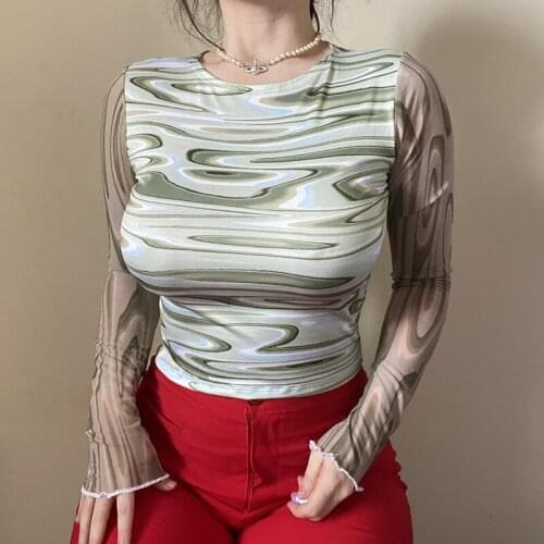 90s Vintage Paisley Striped Mesh T-shirt Long Sleeve Slim Fit Crop Top Y2K Fairy Grunge Women Autumn Tee E-girl Harajuku Clothes