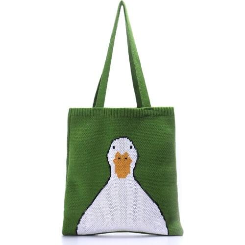 Polyester Wool Knitted Cute Duck Cartoon Fashion Handbag For Women Cute Chic Knitting Shopping Tote Hand-Bag Green Shoulder Bag