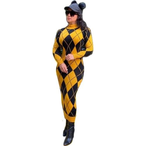 Womens Knitted Emoderied Maxi Dress With Diamond Pattern One Size Long Sleeve Seasonal Comfortable Flexible Dress Turkey 2021