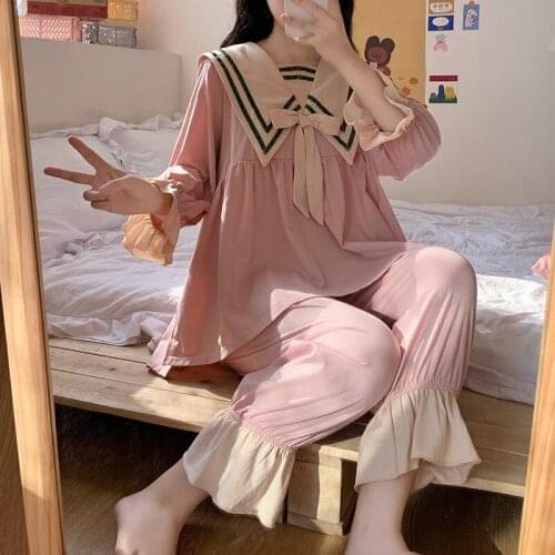 2Pieces Women Pajamas Nightwear Girl Casual Lounge Wear Top And Pants Cute Sailor Collar Cotton Soft Pajamas Set Casual Homewear