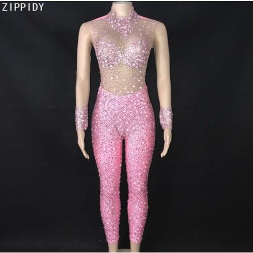 3 Color Stones Mesh Jumpsuit Transparent Net Prom Birthday Celebrate Wear Party Club Outfit Female Singer Wear