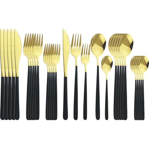 30Piece Mirror Black Gold Cutlery Set 304 Stainless Steel Dinnerware Silverware Flatware Set Dinner Knife Fork Gold Spoon Set