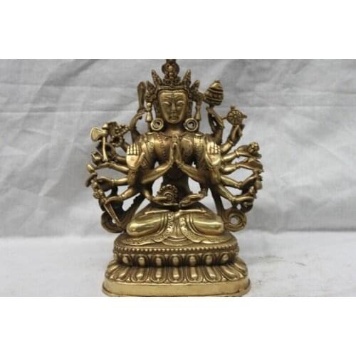 7"Tibet Brass Copper 18 Hands Maha Cundi Mother Kwan-yin Avalokiteshvara Statue