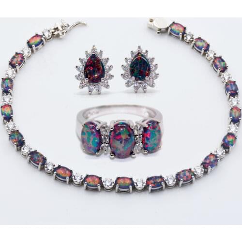 925 Sterling Silver Black Opal Bracelets & Earrings Jewelry Set for Engagement