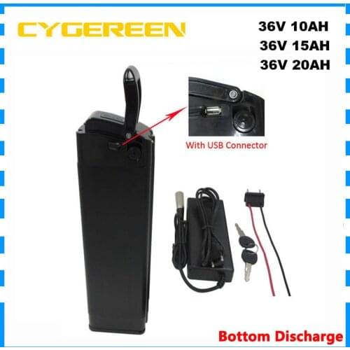 500W 36V 10AH 12AH 13AH 15AH silver fish Battery 1000W 36 V 20AH Lithium ebike bateria with usb port 15A BMS 42V 2A Charger