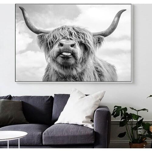 Black and White Yak Highland Cow Wild Animals Canvas Painting Posters and Prints Wall Art Picture Cuadros for Living Room Decor
