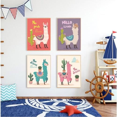 Nursery Decor Prints and Posters Cartoon Llama With Cactus Canvas Painting Cute Animal Alpaca Picture Baby Room Wall Decoration