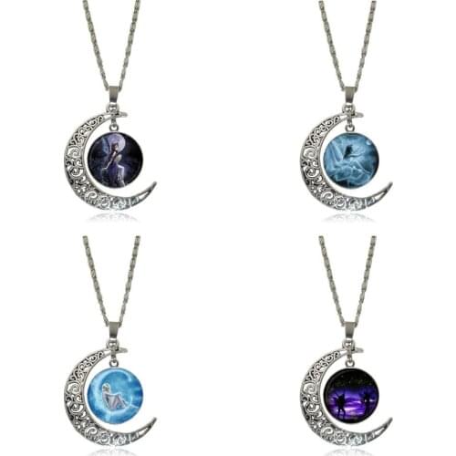 EJ Glaze Fairy Elf Brand Silver Color Jewelry Fashion Moon Statement Necklace Glass Necklaces & Pendants For Girls Gifts