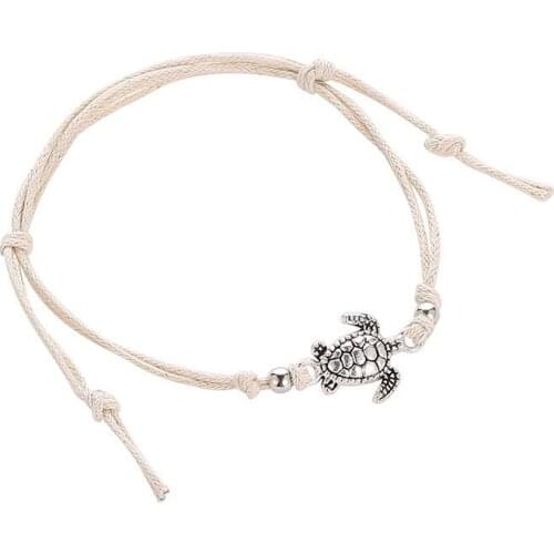 Ethnic Style Vintage Vivid Sea Turtle Charm Black White Blue Thin Ropes Woven Chains Bohemia Anklets For Women