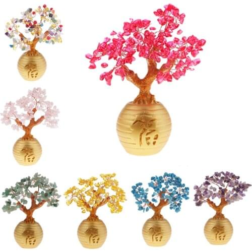Crystal Wealth Tree Feng Shui "Fu" Printed Pot for Patio Home Room Decor