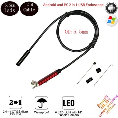 Android Endoscope Camera 2M Soft Cable5.5mm lens IP68 Waterproof Borescope Inspection Camera 6 LED For Andorid SmartPhone
