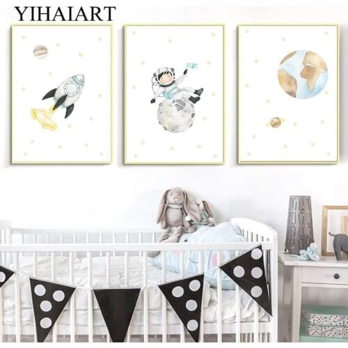 Space Astronaut Adventure Canvas Print Art Painting Baby Nursery Cartoon Poster Wall Picture Nordic Kids Boy Bedroom Decoration