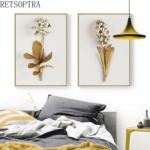 Fashion golden white Flowers Canvas Poster print Nordic Wall Art Painting Nordic decorations for Home Decorative