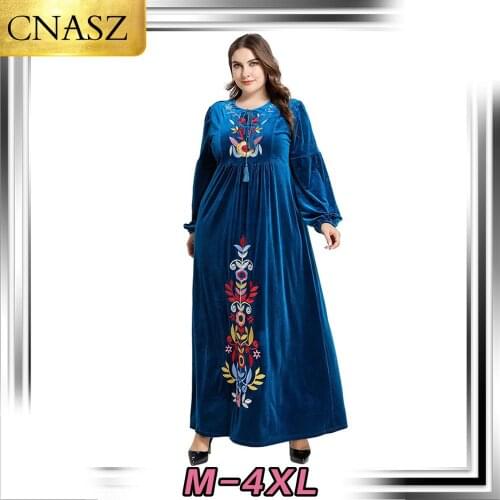 Muslim Fashion Middle East Large Size Womens Islamic Turkey Embroidered Long-Sleeved Large Swing Casual Dress Dubai Elegant