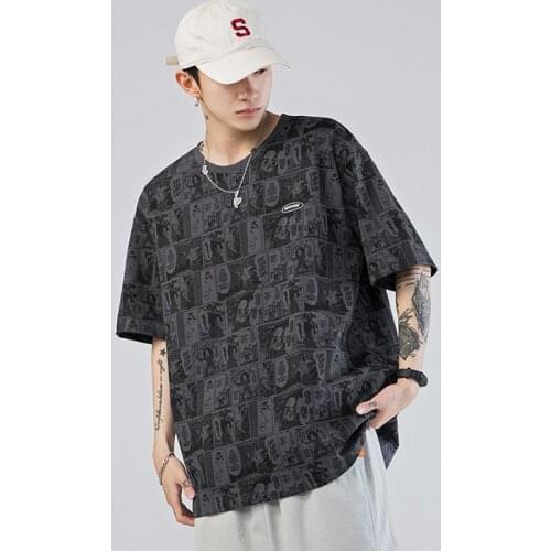 2021 Summer Men Short Sleeve T-Shirt Loose Casual Cartoon Comics Graffiti Print O-Neck Tees Oversized Sweat Clothes Tops Korean
