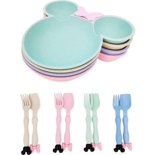 3pcs Wheat Straw Baby Cartoon Tableware Set Childrens Dishes Kids Dinner Platos Baby Feeding Plate Training Bowl Spoon Fork