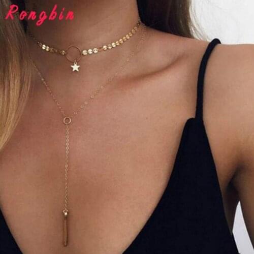 2018 NEW bright piece Metal Star Punk Chokers Necklace Strip Accessories Long chain layer Sequins Necklaces Jewelry For Women