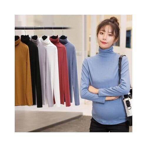 Spring and Autumn Maternity Turtleneck Bottoming Shirt Fashion White Stretch Cotton T Solid Color Maternity Top Large Tide Shirt