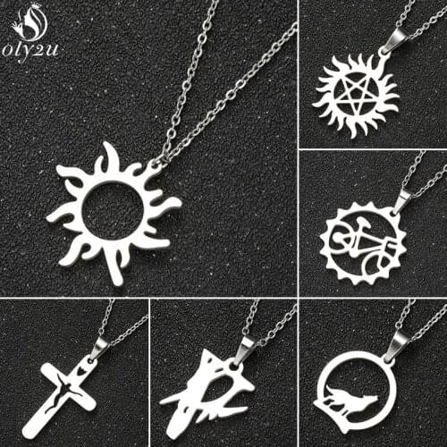 Amulet Wolf Animal Necklaces Fashion Stainless Steel Sun Cross Jesus Bicycle Pendant Chain Necklace Women Punk Jewelry Gift