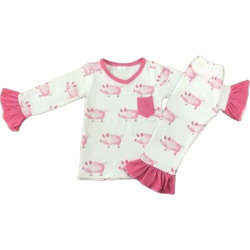 Christmas Pink Pig Print Cute Pajams Long Sleeve Set for Boys and Girls