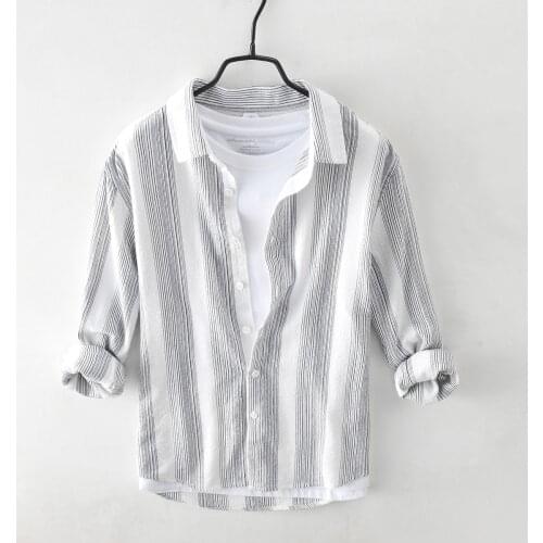 Shirts For Men Long Sleeve Pure Cotton Striped Tops Casual Turn-down Collar Clothing