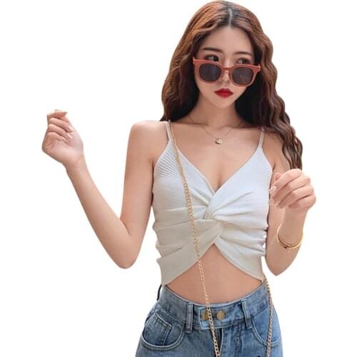 Sexy Sweet Short Summer Camisole Women Knitted Vest Sleeveless Deep V Neck Vest Solid Casual Tops