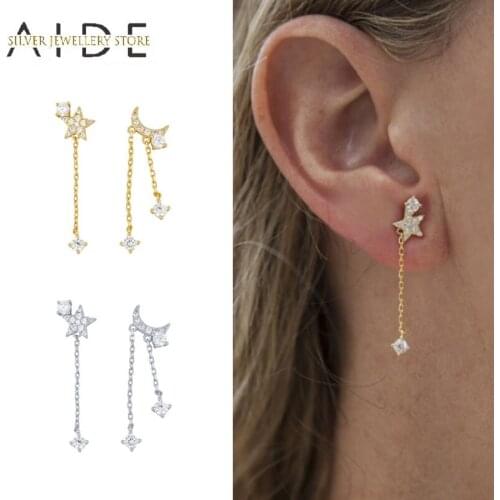 AIDE Asymmetrical Moon Star Chain Drop Earrings For Women Exquisite Zircon Pendientes 925 Sterling Silver Dangle Earrings