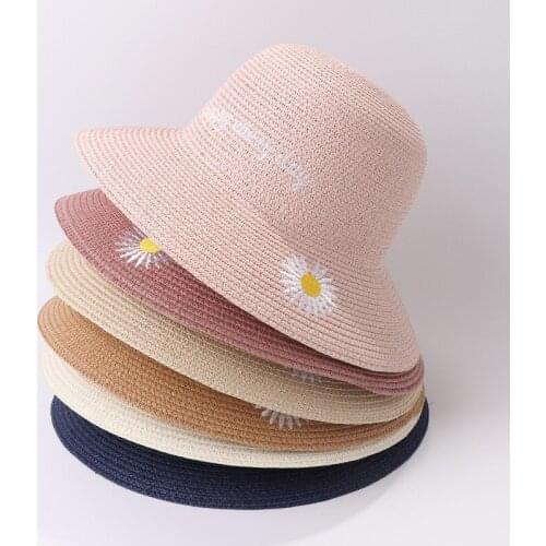 2021 New Ladies Flower Sun Hat Summer Sunscreen Sun Hats Beach Small Fresh Straw Hats Net Red Daisy Fisherman Hat