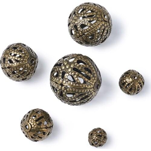 Mixed Iron Filigree Hollow Round Beads For Jewelry Making, Nickel Free, Antique Bronze, 6~16mm, Hole: 1mm; about 170pcs/100g