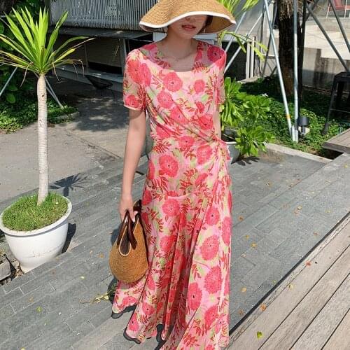 Runway 2021 New Maxi Floral Print Women Chiffon Dress Summer Boho Elegant Casual Party Vacation Dress Tropical Long Beach Dress