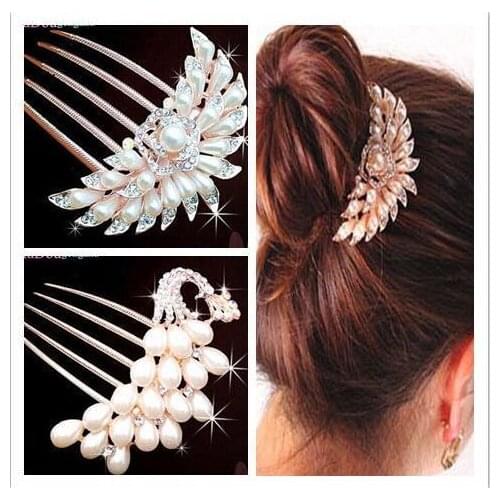 New Design Fashion Wedding Bridal Crystal Rhinestone Flower Faux Pearls Hairpins Diamante Hair Clip Comb Jewelry