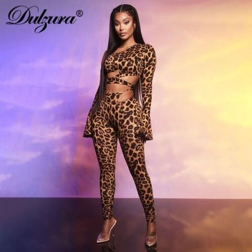 Dulzura Leopard Women 2 Piece Set Flare Sleeve Crop Top Lace Up High Waist Pants Hollow Out Club Streetwear 2020 Autumn Winter