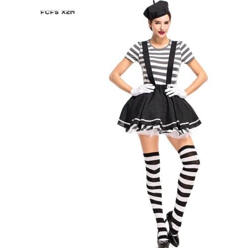 Women Acrobatic Circus Clown Cosplays Female Halloween Criminal prisoner Costumes Carnival Purim Nightclub Role play party dress