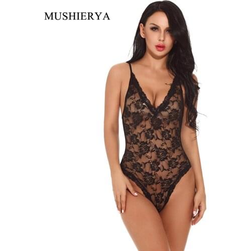 MUSHIERYA Women V Plunge Open Back Teddy Mini Nightwear Ladies Strap Lace Rose Mesh Erotic Underwear Sexy Hot Lingerie Body Suit