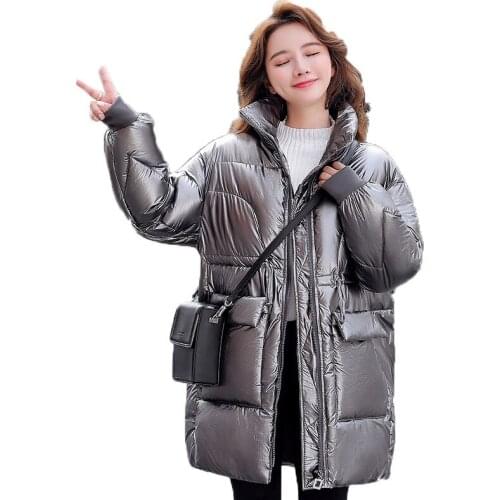Parkas Fashion Glossy Cotton Coat 2020 New Winter Cotton Padded Womens Down Cotton Coat Mid-Long Gray Loose Jacket Overcoat