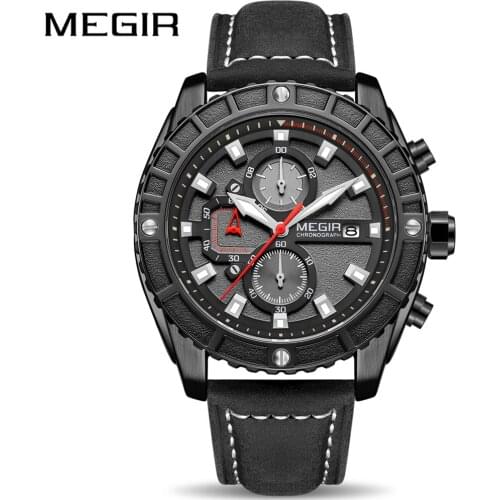 MEGIR New Fashion Mens Watches Top Brand Luxury Big Dial Military Quartz Watch Leather Waterproof Sport Chronograph Watch Men
