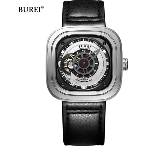 BUREI Brand Fashion Military Watch Man Luxury Waterproof Casual Leather Hollow Automatic Mechanical Wristwatch Relogio Masculino