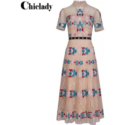 CHICLADY runway designer embroideried short sleeve summer elegant midi A-line hig waist dresses party casual slim French dress