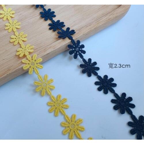 2 Meters/lot Width 2.3cm Daisy Navy Yellow Cotton Water Soluble Lace Applique Ribbon DIY Garment for Children BJD