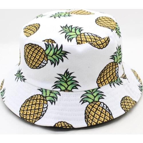 Summer Unisex Beach Fishermans Hat Canvas Fruit Pattern Double-sided Wearable Cap Leisure Sun Protection Bucket Chapeau