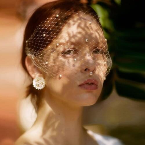 New White Black Pearls Bridal Birdcage Veil and Bride Beaded Crystal Wedding Accessories Blusher Comb Short Veil