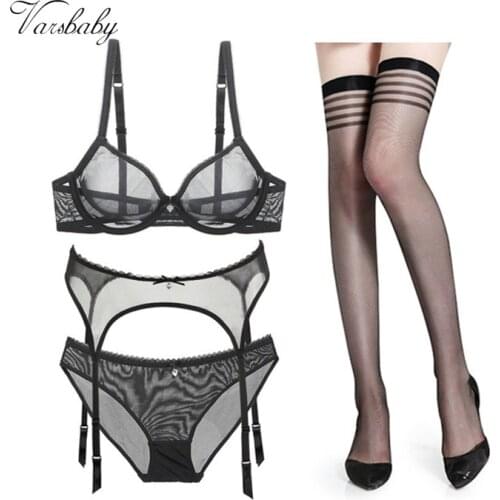 Varsbaby womens sexy solid transparent underwear unlined bra sets 4 Pcs